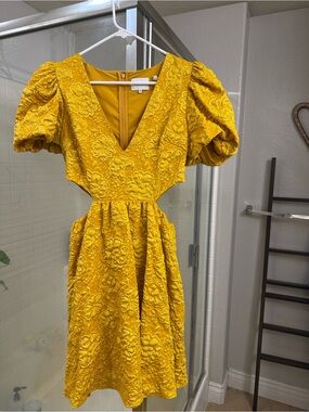 Textured V-Neck Puff-Sleeve Mini Dress in Mustard Yellow